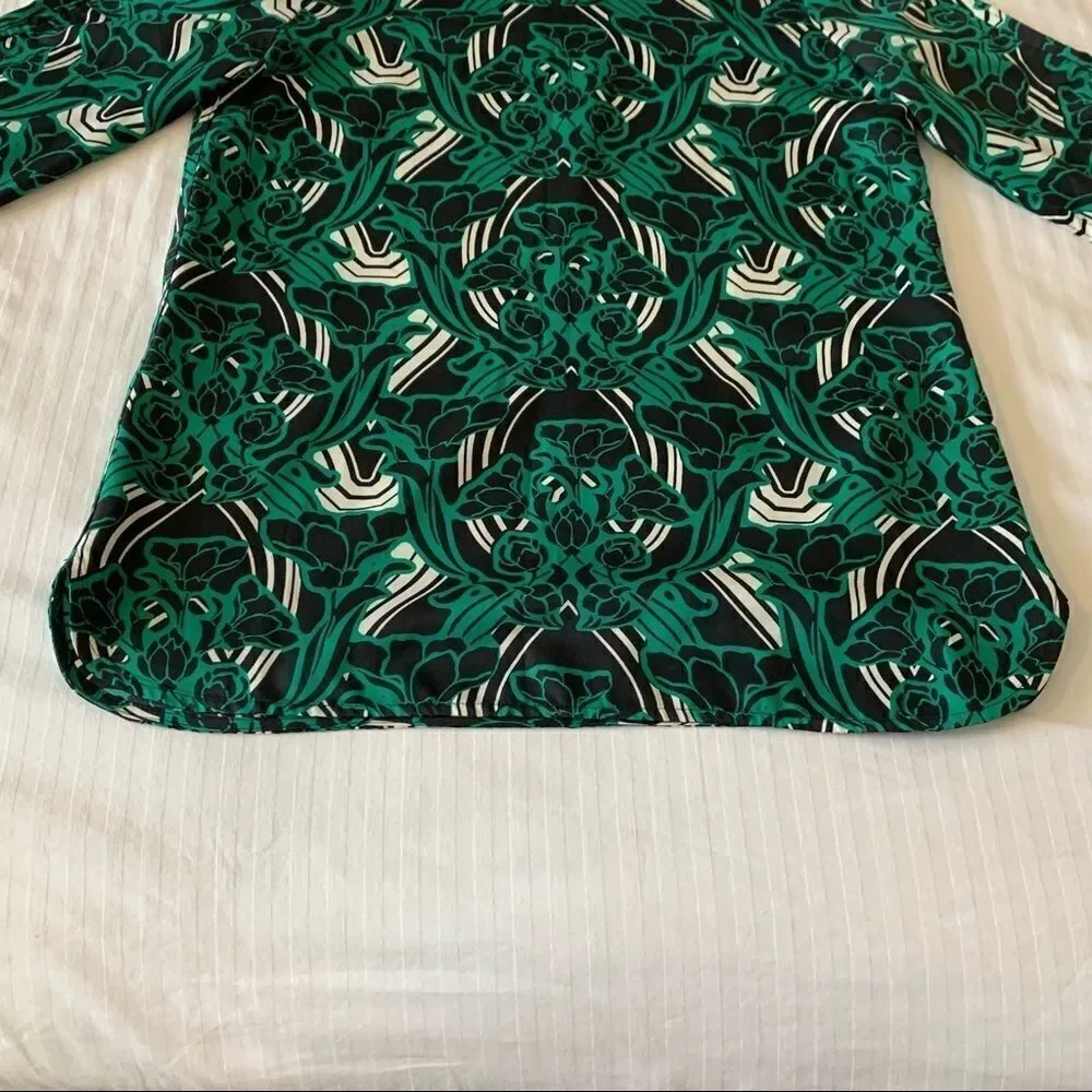 J. Crew Womens Blouse Shirt Green 3/4 Sleeve Retro Floral Popover Size 2